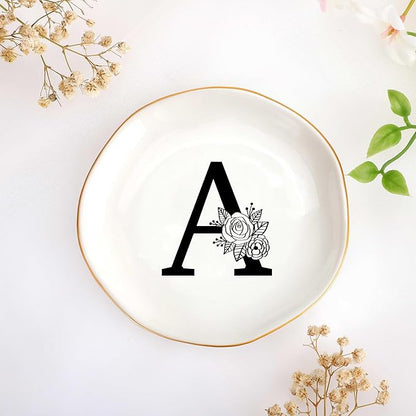 JoycuFF Initial A Ceramic Jewelry Tray, Bridesmaid Bride Gifts, Engagement Birthday Best Friend Mom Grandma Sister Gifts for Women, Trinket Dish for Rings Earrings Necklaces Bracelets Keys
