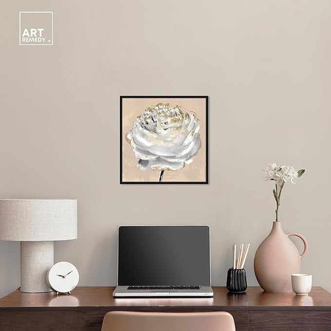 Art Remedy Beige Ranunculus Canvas Elegant White Gold Wall Art, Black Frame, 16" x 16"