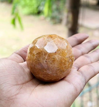 Crocon 50mm Camel Jasper Diamond Cut Stone Sphere Ball with Metal Stand 1400+ Carats Gemstone Ball Healing Ornament Rock Sphere Sculpture Figurine for Fengshui Divination Crystal Home Decor