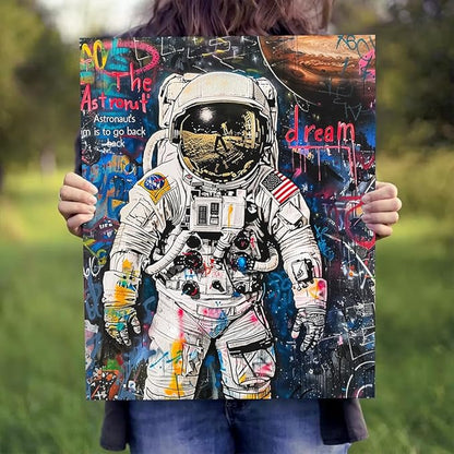 Ypxzzj Banksy Framed Graffiti Astronaut Canvas Wall Art Spaceman Posters Prints Pictures Wall Decor Modern Abstract Street Graffiti Painting Artwork for Living Room Home Decor Ready to Hang(36L" x 24W")