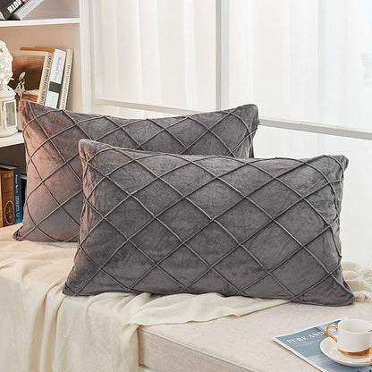 JAUXIO Diamond Pinch Pleated Crystal Velvet Pillowcases 2 Pack Solid Pintuck Throw Cushion Cover for Home Decor Hidden Zipper Closure (Dark Grey, Standard)