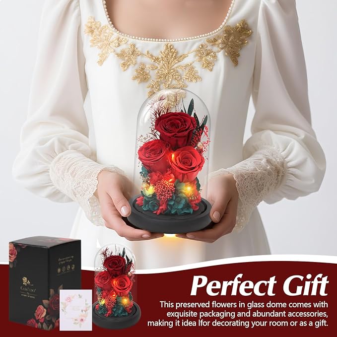 Casaido Preserved Roses Flowers for Delivery, Red Forever Flores in Glass Dome for Women Mom Wife Girlfriend Grandma, Eternal Rose Anniversary Birthday Gift for Mothers Day Valentines Christmas