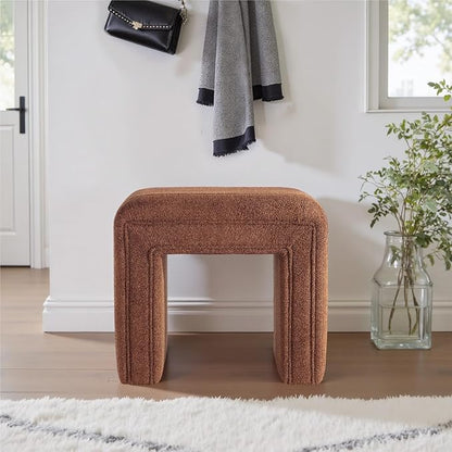 Get Set Style Vanity Stool Chair,Modern Boucle Ottoman Foot Stool with Wooden Legs Sofa Bench Footstool Extra Seat for Vanity,Makeup Room,Living Room,Entryway,Office (Fully Assembled) (Brown)