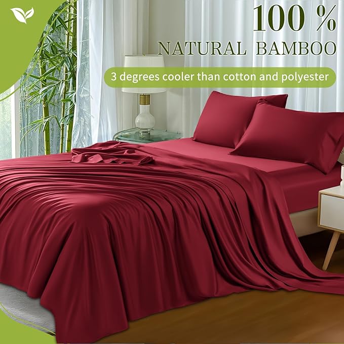 Shilucheng 100% Viscose Derived from Bamboo_ Sheets Queen Size 4pcs - Ultra Cooling & Silky Soft Bed Sheets, 16" Deep Pocket, Perfect for Hot Sleepers, Hotel Bedding Sheets (Burgundy)