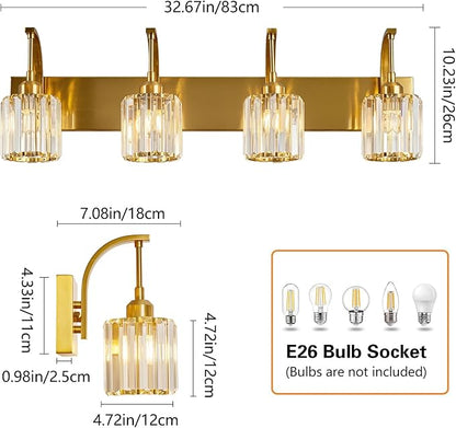 4-Light Crystal Vanity Light, Modern Gold Bathroom Wall Sconce with K9 Crystal Shades, 32.67" Long Over Mirror Lighting for Vanity, Makeup, Hallway, Elegant & Easy Install