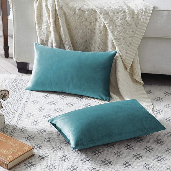 GIGIZAZA Decorative Small Lumbar Pillow Covers,Set of 2 Cushion Covers Velvet Teal Peacock Green Pillows,Sofa Throw 12 X 20 Pillow Covers