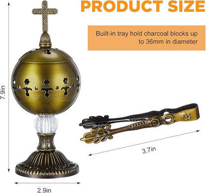 Zonon Catholic Incense Burner with Tong Charcoal Polished Metal Brass Censer Holder Christian Church Censer Burner Holder Cones Cross 7. 9" Aromatherapy Fragrance Ornament(Bronze)