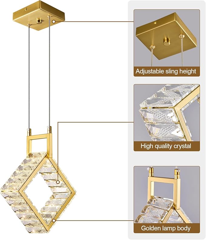 Kitchen Island Mini Light Fixture Modern Led Crystal Pendant Light Gold Square Chandelier for Dining Room Living Room Kitchen Bedroom Bar（1-Pack）…