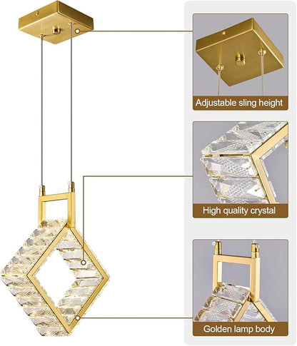 Kitchen Island Mini Light Fixture Modern Led Crystal Pendant Light Gold Square Chandelier for Dining Room Living Room Kitchen Bedroom Bar（1-Pack）…