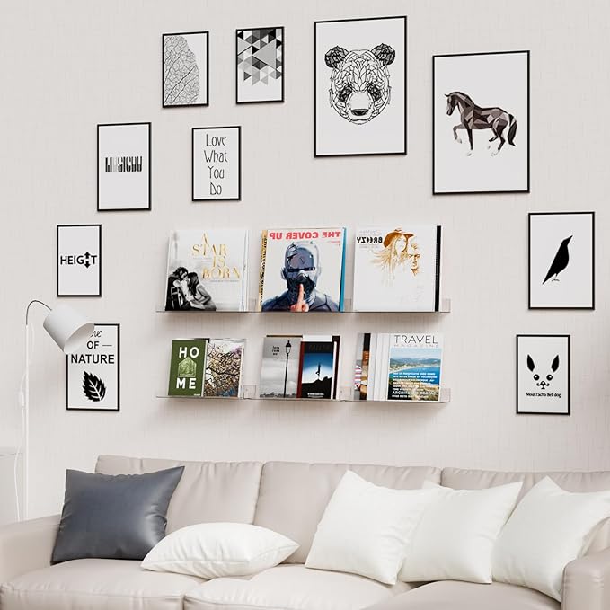 4 Pack Clear Acrylic Shelves for Wall with Adhesive,15 Inch No Drill Floating Shelves for Bathroom,Bedroom,Renter Friendly,Kids Room Bookshelf,Wall Display Shelf for Lego,Funko Pop,Figurine,Perfume