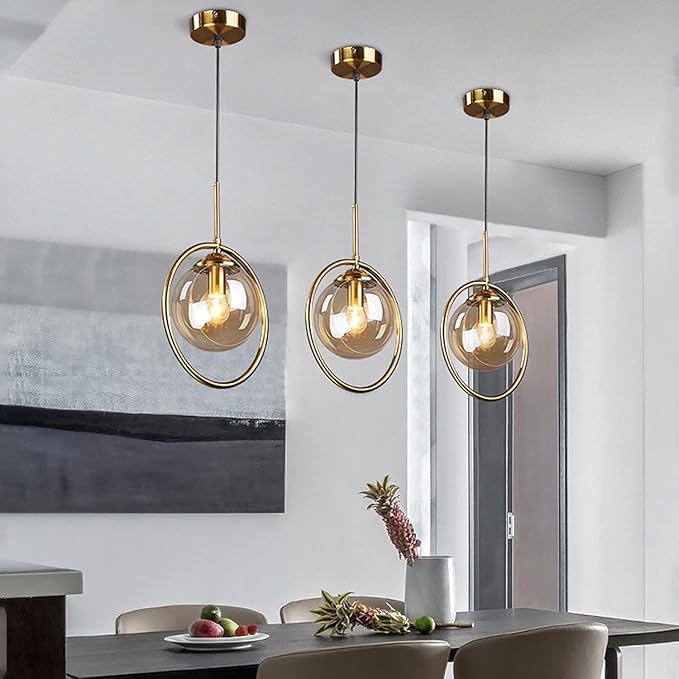 Pendant Light Modern Minimalist Hanging Lamp with Spherical Glass Shade and Brass Metal Ring Adjustable Height for Dining Room Bedroom Living Room (Amber)