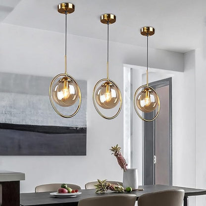 Pendant Light Modern Minimalist Hanging Lamp with Spherical Glass Shade and Brass Metal Ring Adjustable Height for Dining Room Bedroom Living Room (Amber)