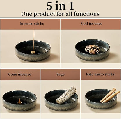 5.9" Ceramic Incense Holder with 10 Holes,5in1 Incense Tray for Sticks,Coil,Cone,Sage,Palo Santo,Handcrafted Burner Ash Catcher Smudge Bowl for Yoga Meditation Energy Cleansing Room Décor,Black