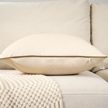Aeckself Pack of 2 Cream White Velvet Pillow Covers 24 x 24 Inch, Large Modern Luxury Decorative Pillowcase with Gold Trim Edge, Comfortable Soft Solid Cushion Case for Couch Bedroom Living Room