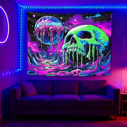 seewan Black Light Melting Skull Tapestry, Glow-in-the-Dark UV Neon Dripping Planet & Skull Tapestry, Psychedelic Space Horror Art Tapestry, Bedroom Dorm Living Room Background Decor