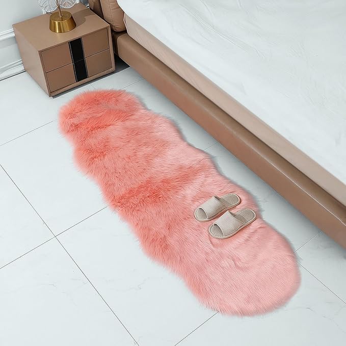 Faux Fur Rug Sheepskin Shag Fluffy Fuzzy Pink 2x6 ft Runner Rugs for Bedroom Bedside Bed Floor Living Room Plush High-Density Cushion Carpet Super Sofa Cover