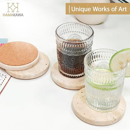 Real Natural Travertine Coasters Set of 4, Round Beige Marble Stone 4 inch, Modern Drink Coasters for Home Decor, Coffee Table, Office