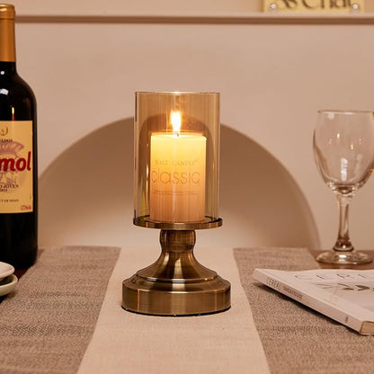 Brass Hurricane Candle Holder with Glass Lid, Anti-Tip Pillar Candle Holder for Wedding Dining Party Table Centerpiece, Elegant Home Decor