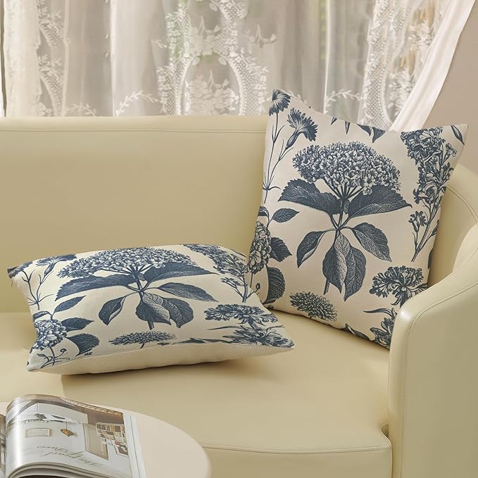Blue Pillow Covers 20x20 Set of 2 Vintage Boho Floral Hydrangea Herbs Botanical Throw Pillow Cover Outdoor Flower Decoration Pillowcase Linen Farmhouse Cushion Case Decorative for Couch Sofa