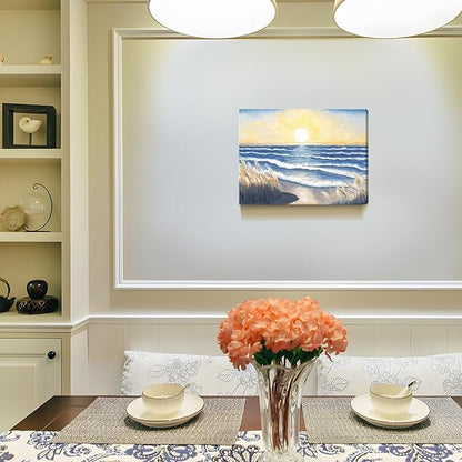 Bathroom Decor Wall Art Beach Sunset Blue Ocean Waves Nature Pictures Coastal Reeds Canvas Print Seaside Landscape Seashore Botanical Painting Seascape Artwork for Home Sea Lake Bedroom 12x16inch