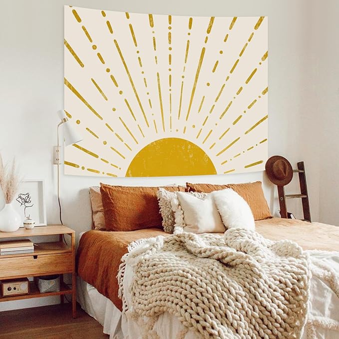 Kanuyee Gold Boho Burning Sun Tapestry Wall Hanging, Retro 70s Abstract Vintage Geometric Line Sunrise Tapestries for Bedroom Living Room Backdrop 36×48 inch
