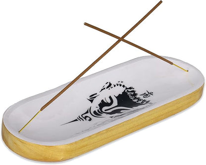 Bless-International Traditional-Handmade-Tray-Burner Wooden-Trat-Incense-Stick-Holder Ash-Catcher-Stand for-Aromatherapy-Meditation-Yoga (Black & White Buddha, 11x4x1.22 Inches)