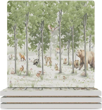 Square-4PCS Forest Ceramic Coasters, Square Absorbent Drink Coasters, Cartoon Forest Nature Animal Bear, Deer, Fox, Rabbit Style Ceramic Table Coasters for Coffee, Beverage, Wine, Beer Coasters