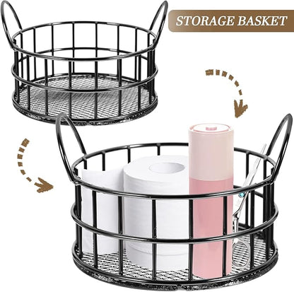 Round Wire Storage Basket for Desk, Makeup Organizer, Small Iron Basket with Handle for Home, Office, Bathroom, Black, 3.93X2.75 Inch