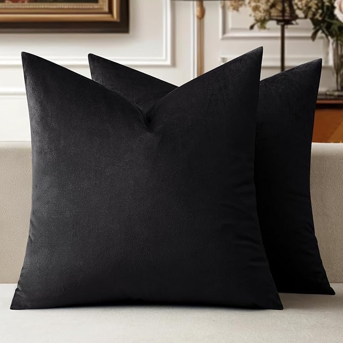 MIULEE 28x28 Inch Euro Sham Velvet Pillow Covers, Set of 2 Large Square Decorative Pillows -Black Super Soft for King Bed, Sofa, Couch, Accent Chairs