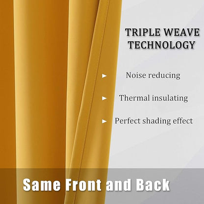 DUALIFE Yellow Solid Curtains 96 Inch Length Blackout Curtain Panels for Bedroom Room Darkening Gold Window Drapes Thermal Insulated Grommet Top 52Wx96L,2 Panels