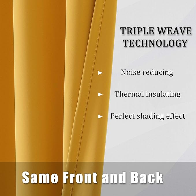 DUALIFE Gold Yellow Curtains 72 Inches Long-Blackout Curtain Panels for Bedroom Room Darkening Gold Solid Window Drapes for Living Room Thermal Insulated Grommet Top 42Wx72L,2 Panels