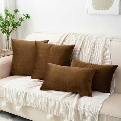 HWY 50 Coffee Velvet Throw Pillow Covers 18x18 Inch, Pack of 2 Soft Cozy Solid Decorative Luxury Cushion Cases for Couch Sofa Bed Living Room Bedroom