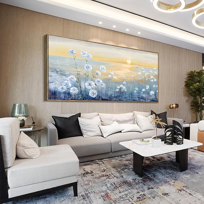 Nicetop Extra Large Framed Blue Ocean Sunset Wall Art Coastal Beach Flowers Canvas Print Sea Sun Natural Seascape Painting Calm Warm Seaside Landscape for Home Bedroom Living Room Office 32x71inch