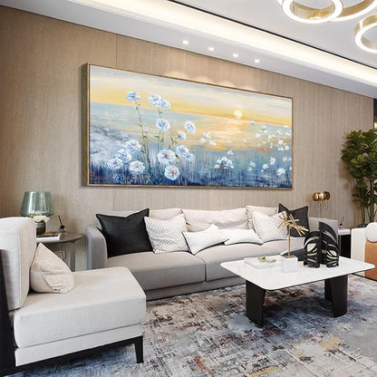 Nicetop Extra Large Framed Blue Ocean Sunset Wall Art Coastal Beach Flowers Canvas Print Sea Sun Natural Seascape Painting Calm Warm Seaside Landscape for Home Bedroom Living Room Office 32x71inch