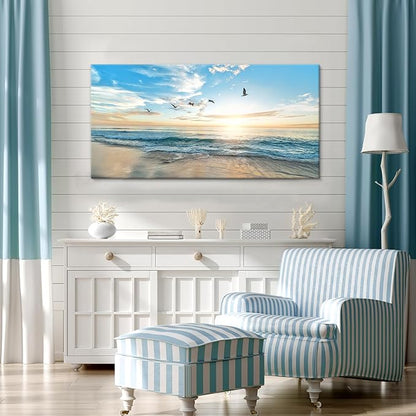 Goldfoilart Ocean Beach Sunset Canvas Wall Art for Bedroom Seagull Seascape Paintings Coastal Picture Framed Artwork for Bathroom Living Room Office Decor 20" x 40"