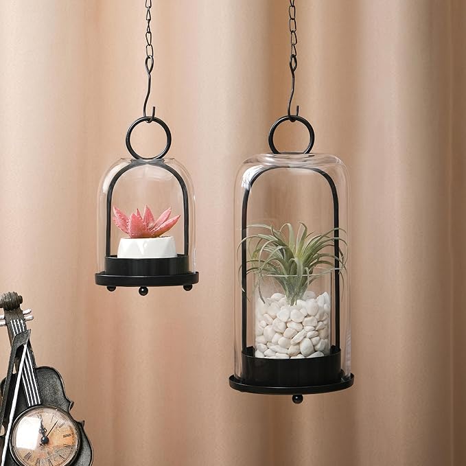 6" & 4" Wide Versatile Modern Metal Hurricane Lantern with Handmade Sturdy Glass Dome in Black for Pillar Candle & Plants, for Living Room, Porch, Mantel Decoration (Black, 4"x7.5" &6.3"x11.2")