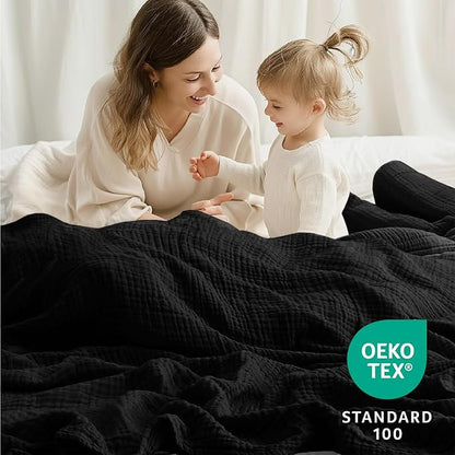 100% Cotton Muslin Blanket King 108" x 90", 6 Layers Breathable and Lightweight Cotton Throw Blankets for Bed, Soft Cooling Summer Gauze Blanket for Adults All Season, Black