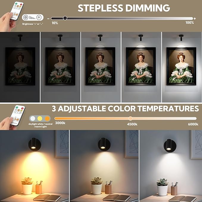 4 Pack Spotlights Indoor with Remote, Rechargeable Picture Lights, Wireless LED Uplighting with Dimmable 3CCT Modes, Display Lights for Artwork, Plant, Painting, and Accent Lighting, Black