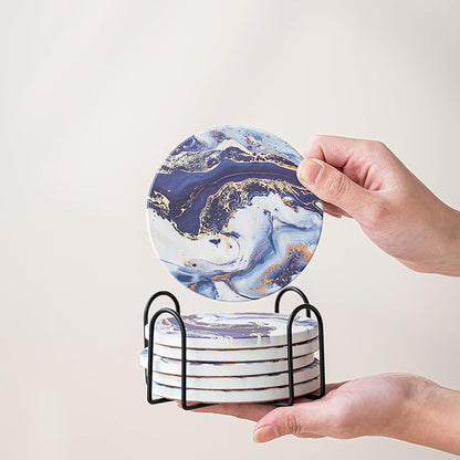 Ceramic Drink Coasters Set of 6 with Holder, Modern Marble Absorbent Ceramic Coasters, Round Ceramic Table Coasters for Home Decor Coffee Kitchen (4 Inches), Sea Blue