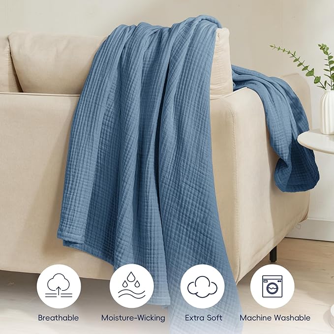 PHF 100% Cotton Muslin Throw Blanket 50" x 60", 4-Layer Lightweight Gauze Throw, Breathable Cloud-Soft Minimalist Blanket for Bed, Couch, Camping & Baby, Denim Blue, Ideal Gift