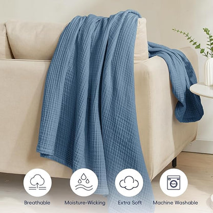 PHF 100% Cotton Muslin Throw XL Blanket Large 50" x 70", 4-Layer Lightweight Gauze Throw, Breathable Cloud-Soft Minimalist Blanket for Bed, Couch, Camping & Baby, Denim Blue, Ideal Gift