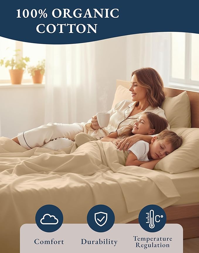 LANE LINEN 100% Organic Cotton Bed Sheets Full Size, Fully Elasticized Reinforsed Seams in Fitted Pocket, Machine Washable Naturally Cooling Full Sheet Deep Pocket Bedding- Linen