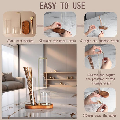 2 in 1 Incense Holder for Sticks with Glass Ash Catcher, Anti-ash Incense Burner for Yoga Meditation Spa Room Decor, Includes Ash Brush