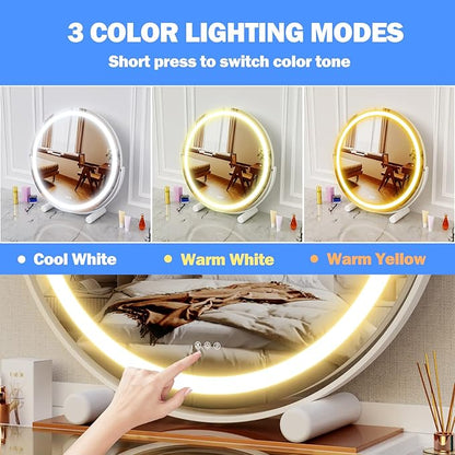 12" Round Vanity Mirror, LED Lights, Smart Touch 360°Rotation, Dimmable White