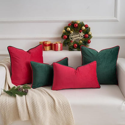 LIGICKY Set of 2 Christmas Red Velvet Lumbar Pillow Covers Modern Minimalist Style Solid Decorative Dark Green Rope Edging Soft Rectangle Cushion Cases for Sofa Bedroom Party Décor, 12 x 20 inch
