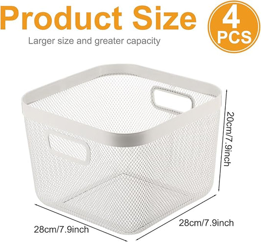 4 Pack Metal Mesh Steel Basket with Hollow Handles Square Wire Mesh Open Bin Fruit Storage Basket for Kitchen Bathroom Picnic Shopping Cabinet Home Items (Large,White)