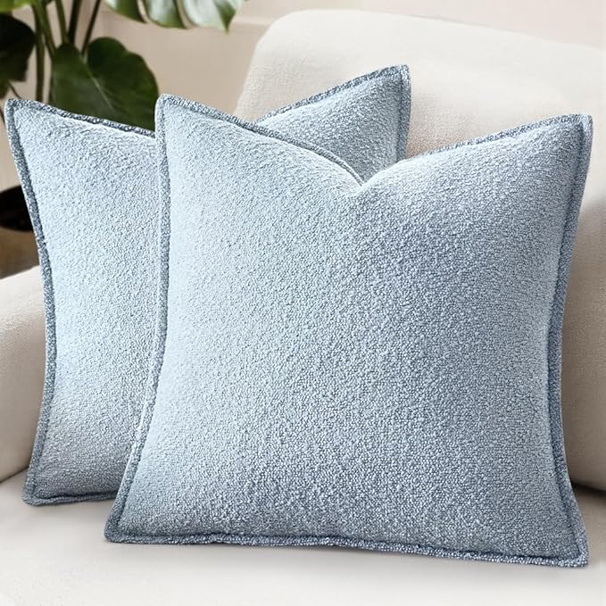 MIULEE Pack of 2 Decorative Textured Boucle Throw Pillow Covers 18x18 Inch Light Blue Broadside Thick Coastal Boho Pillows for Farmhouse Accents Sofa Couch Bedroom Living Room Home Decor