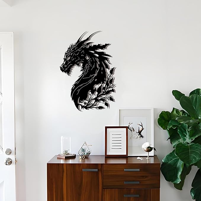LIYAOLI 3D Dragon Wall Art Decor - Black Metal Dragon Head Sculpture for Men Cave, Western Room Decor - Unique Fantasy Gifts for Medieval Decorations, Bedroom & Living Room