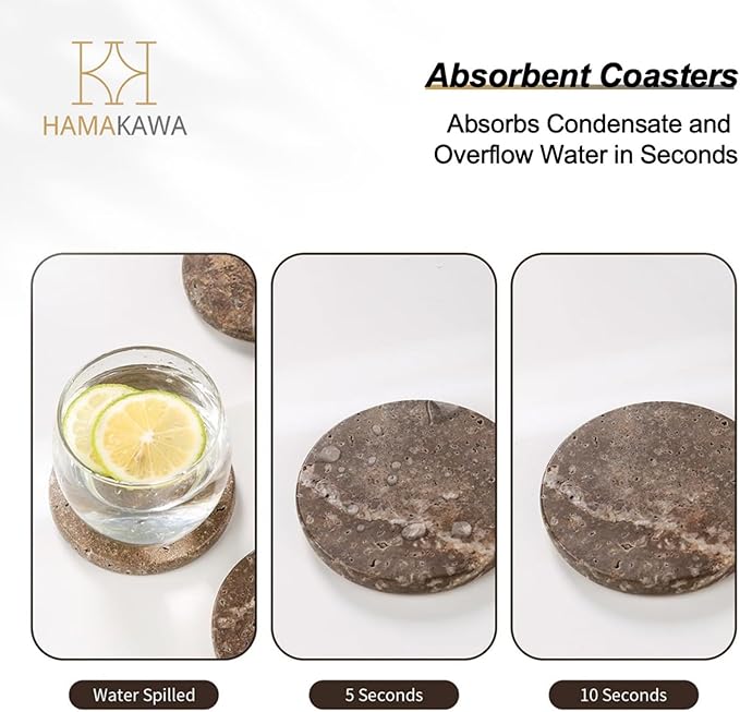 Natural Travertine Marble Coasters Set of 4, Round Gray Stone 4 Inch, Modern Drink Coasters for Home Decor, Coffee Table, Office
