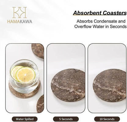 Natural Travertine Marble Coasters Set of 4, Round Gray Stone 4 Inch, Modern Drink Coasters for Home Decor, Coffee Table, Office